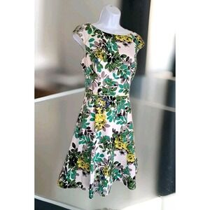 London Style Collection Dress 12 Green Floral Cap Sleeve Boat Neck Stretch Artsy